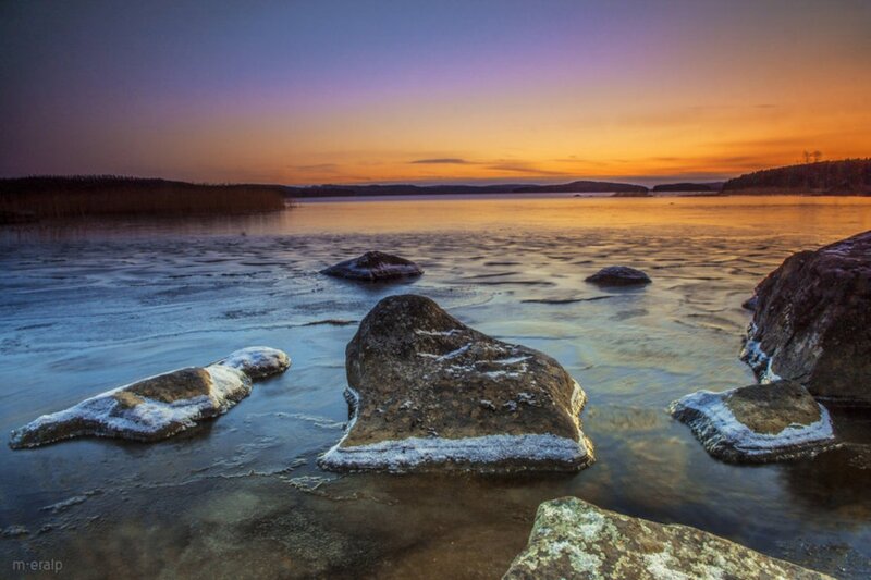 Frozen Lake at Sunset — Orange, Serene, Photograph, Rocks