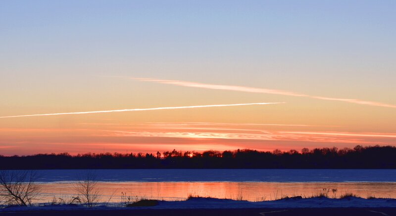 Frozen Lake at Sunset — Orange, Serene, Photograph, Sky