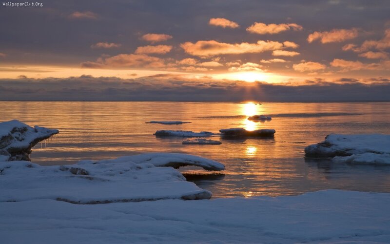 Frozen Lake at Sunset — Orange, Serene, Photograph, Sun