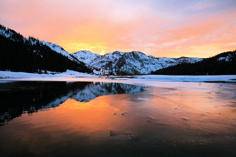 Frozen Lake at Sunset — Orange, Serene, Photograph