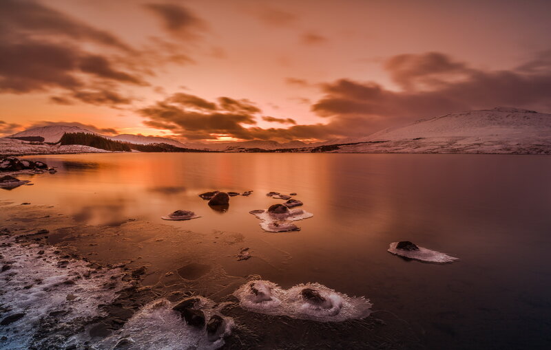 Frozen Lake at Sunset — Orange, Serene, Winter