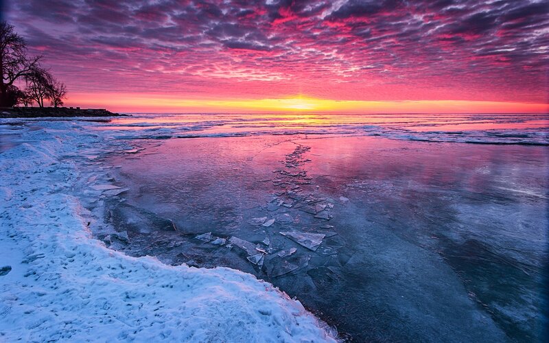 Frozen Lake at Sunset — Pink, Dramatic, Photograph, Sky, Ice, Snow, Trees