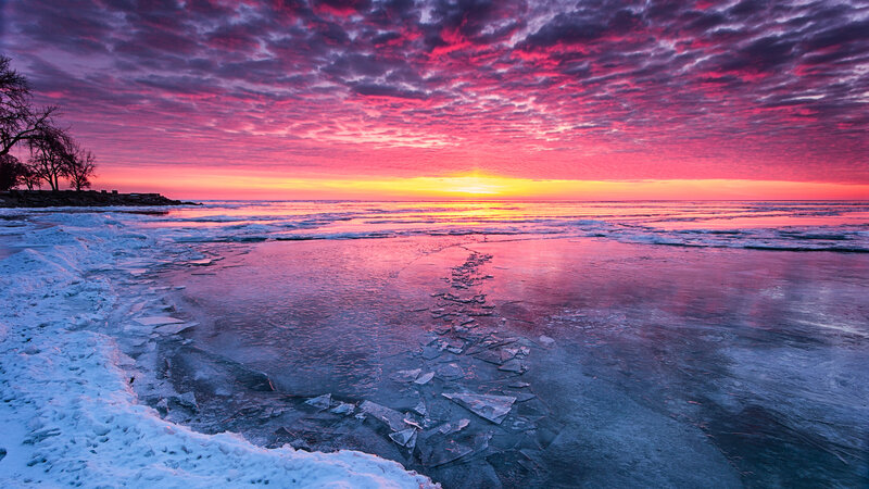 Frozen Lake at Sunset — Pink, Dramatic, Photograph, Sky