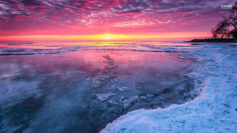 Frozen Lake at Sunset — Pink, Dramatic, Photograph