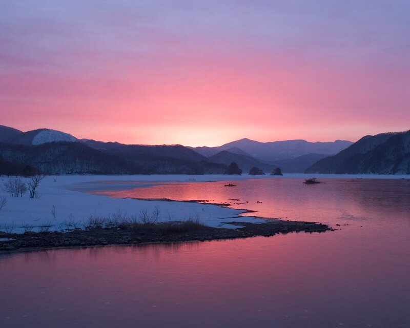 Frozen Lake at Sunset — Pink, Serene, Photograph, Mountains, Snow