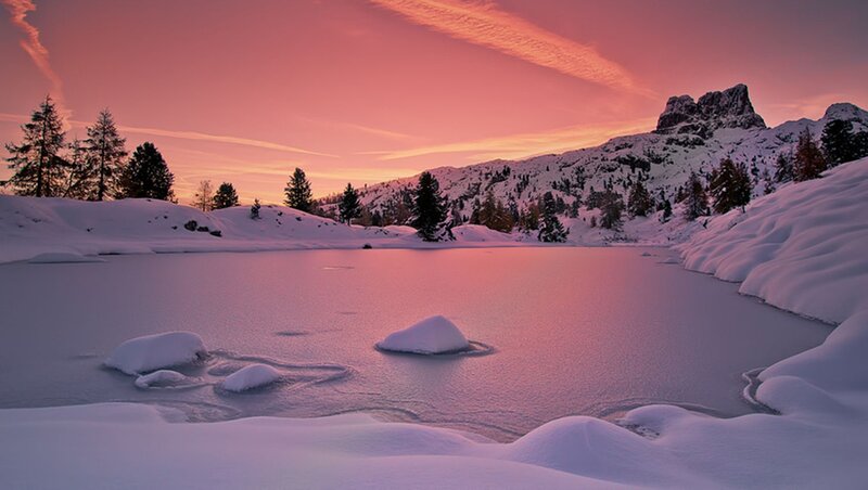 Frozen Lake at Sunset — Pink, Serene, Photograph