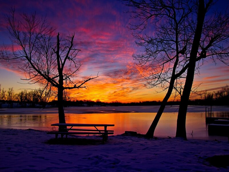 Frozen Lake at Sunset — Purple, Dramatic, Photograph, Bench