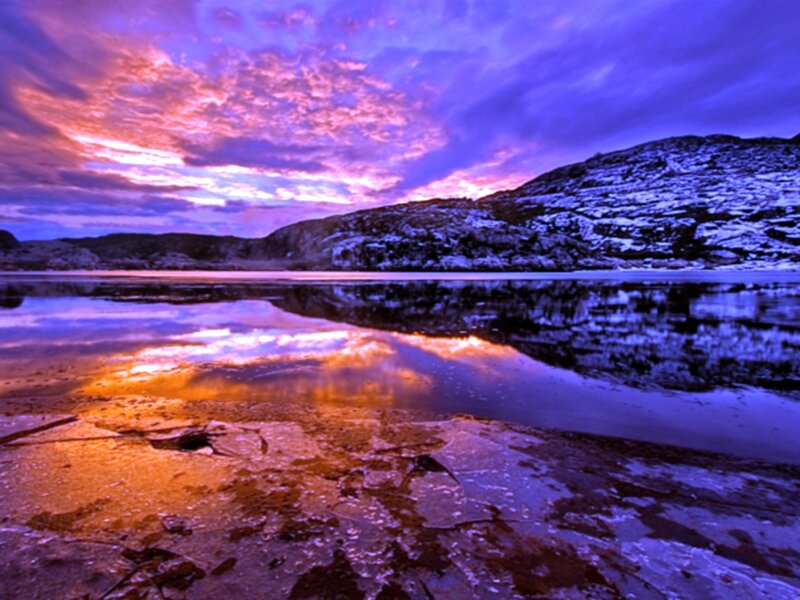 Frozen Lake at Sunset — Purple, Dramatic, Photograph, Mountain, Sky, Ice