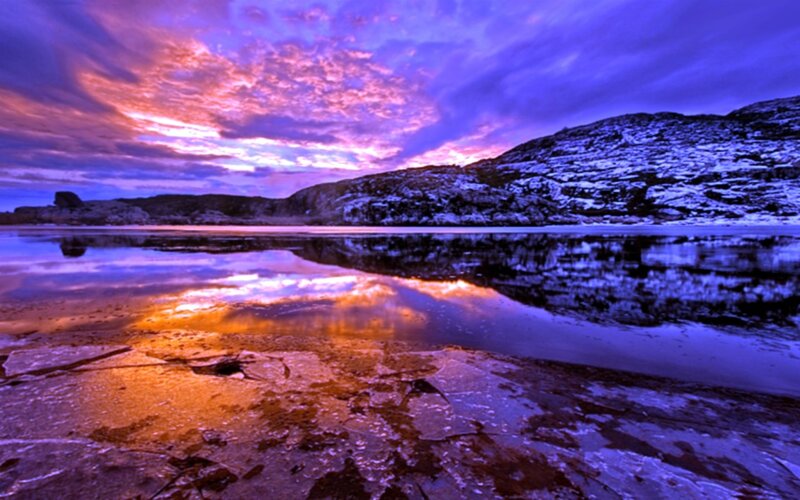 Frozen Lake at Sunset — Purple, Dramatic, Photograph, Mountain, Sky