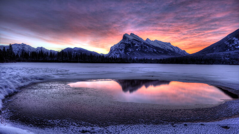 Frozen Lake at Sunset — Purple, Dramatic, Photograph, Mountains, Forest