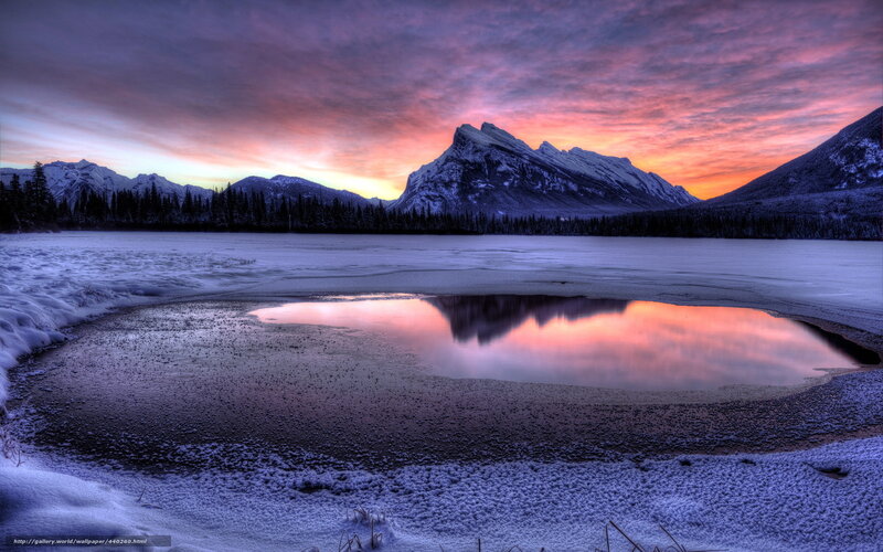Frozen Lake at Sunset — Purple, Dramatic, Photograph, Mountains, Snow