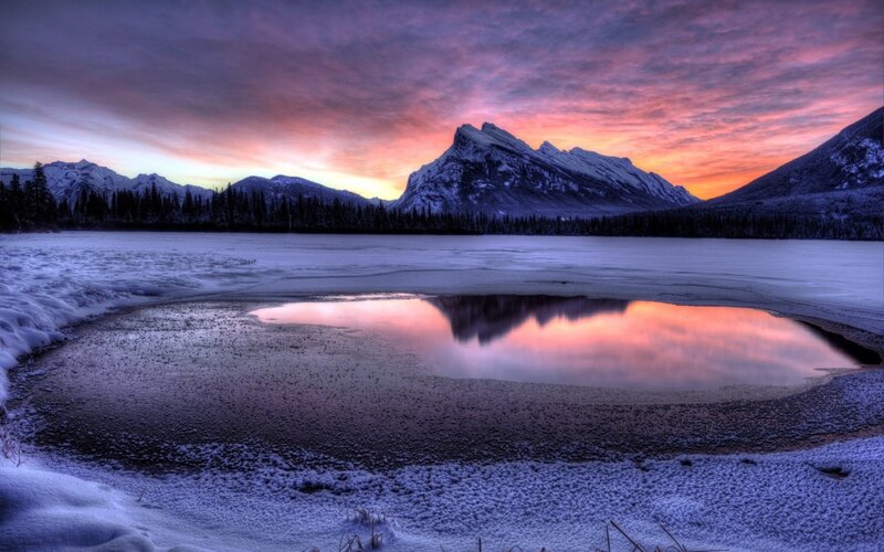 Frozen Lake at Sunset — Purple, Dramatic, Photograph, Mountains
