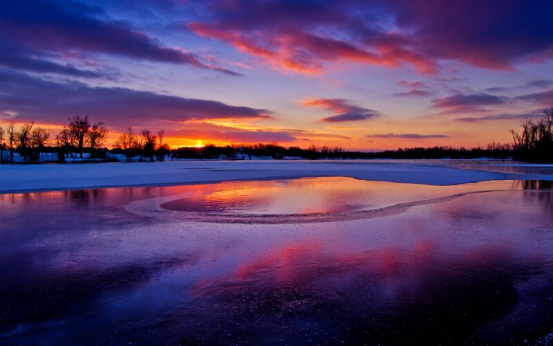 Frozen Lake at Sunset — Purple, Dramatic, Photograph, Sky, Trees, Ice