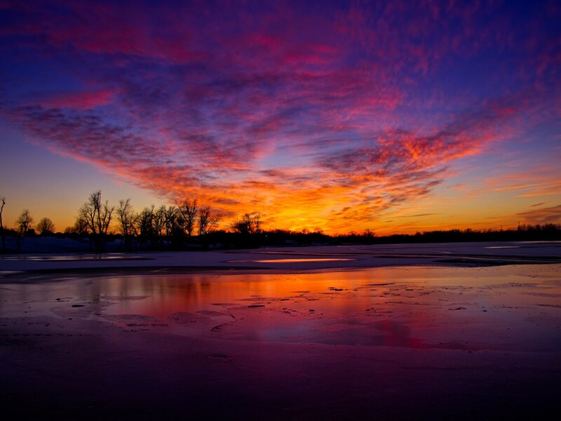 Frozen Lake at Sunset — Purple, Dramatic, Photograph, Sky, Trees