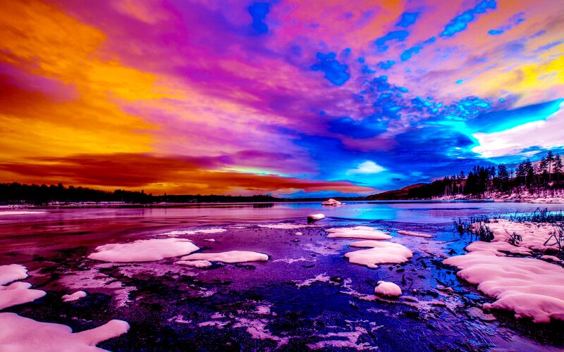 Frozen Lake at Sunset — Purple, Dramatic, Photograph, Snow
