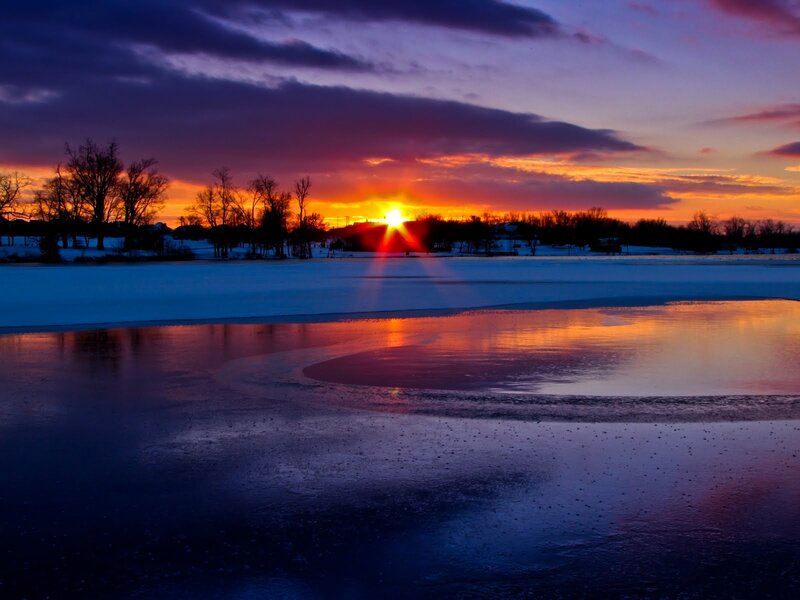 Frozen Lake at Sunset — Purple, Dramatic, Photograph, Sun
