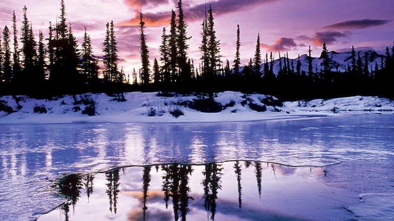 Frozen Lake at Sunset — Purple, Serene, Photograph