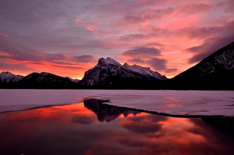 Frozen Lake at Sunset — Red, Dramatic, Photograph, Mountains, Sky