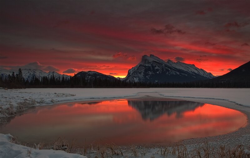 Frozen Lake at Sunset — Red, Dramatic, Photograph, Mountains, Snow