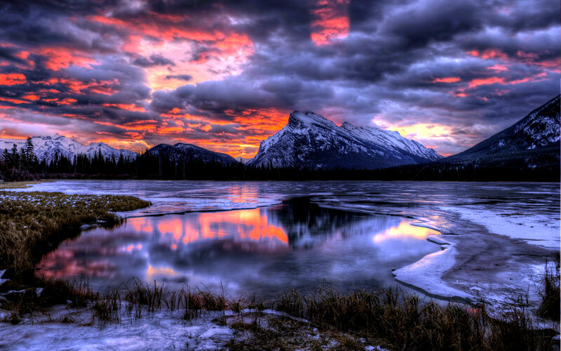 Frozen Lake at Sunset — Red, Dramatic, Photograph, Mountains