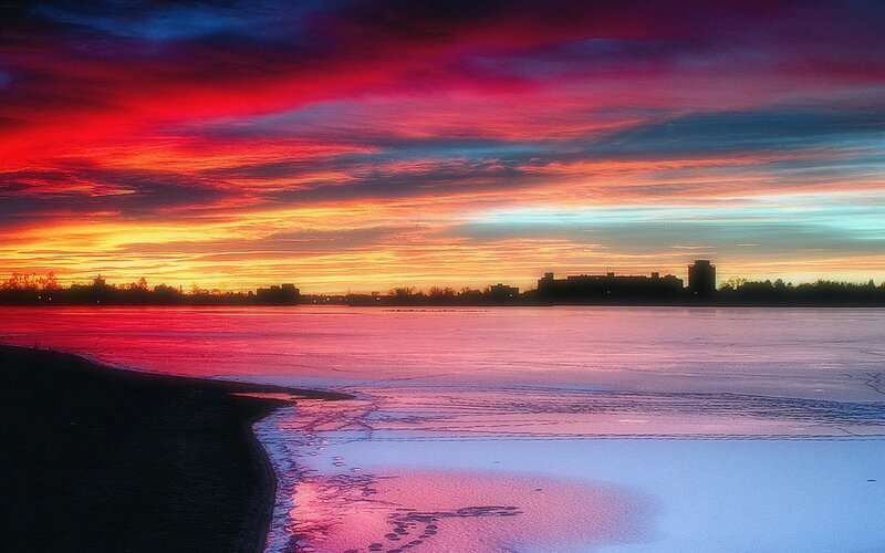 Frozen Lake at Sunset — Red, Dramatic, Photograph, Sky, City Skyline
