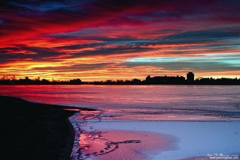 Frozen Lake at Sunset — Red, Dramatic, Photograph, Sky