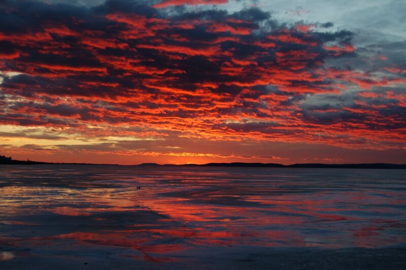 Frozen Lake at Sunset — Red, Dramatic, Photograph