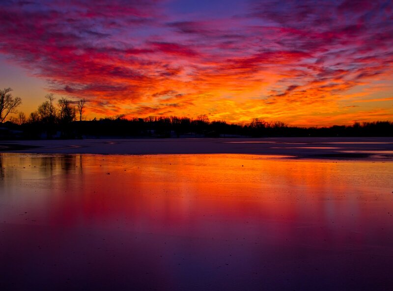 Frozen Lake at Sunset — Red, Dramatic