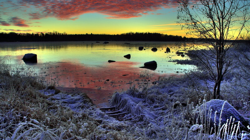 Frozen Lake at Sunset — Red, Dramatic, Winter, Photograph