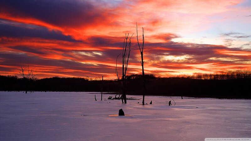 Frozen Lake at Sunset — Red, Dramatic, Winter