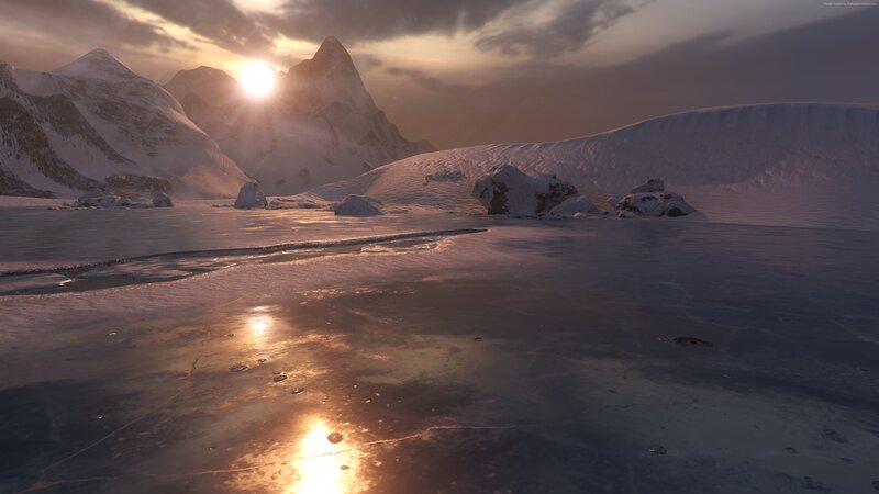 Frozen Lake at Sunset — White, Serene, Digital Art