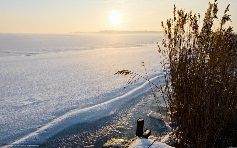 Frozen Lake at Sunset — White, Serene, Photograph