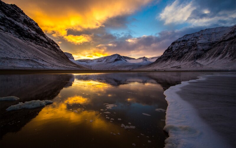 Frozen Lake at Sunset — Yellow, Dramatic, Photograph, Mountains