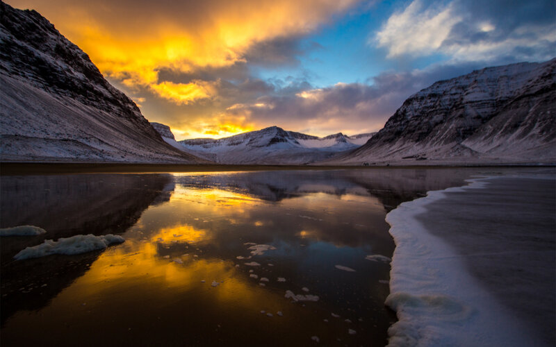Frozen Lake at Sunset — Yellow, Dramatic, Photograph