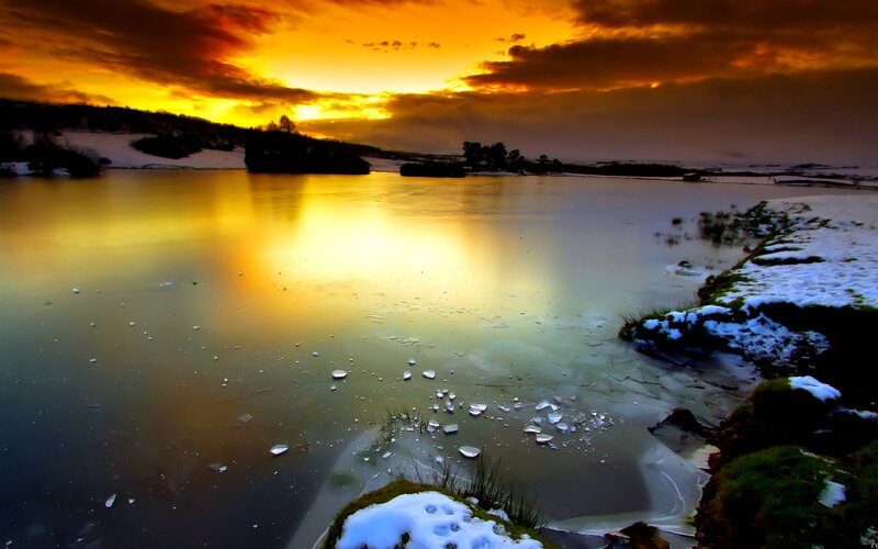 Frozen Lake at Sunset — Yellow, Dramatic
