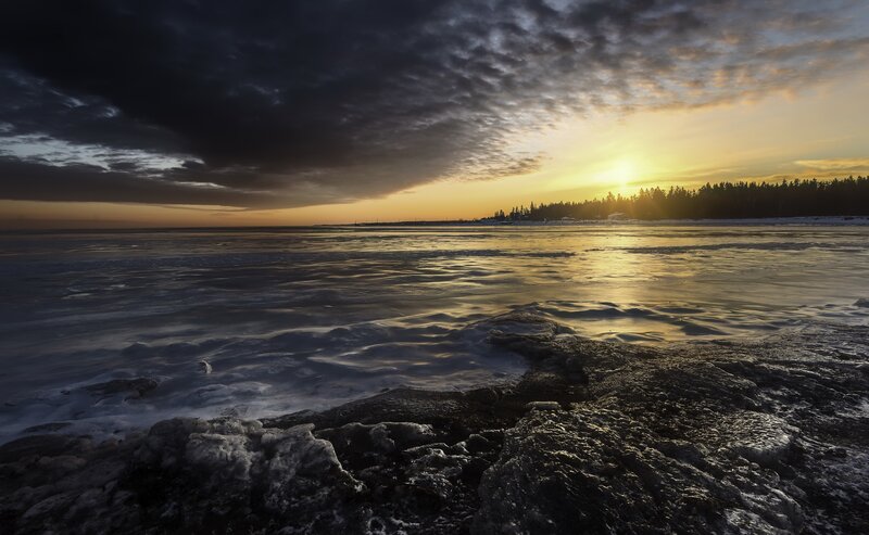 Frozen Lake at Sunset — Yellow, Dramatic, Winter