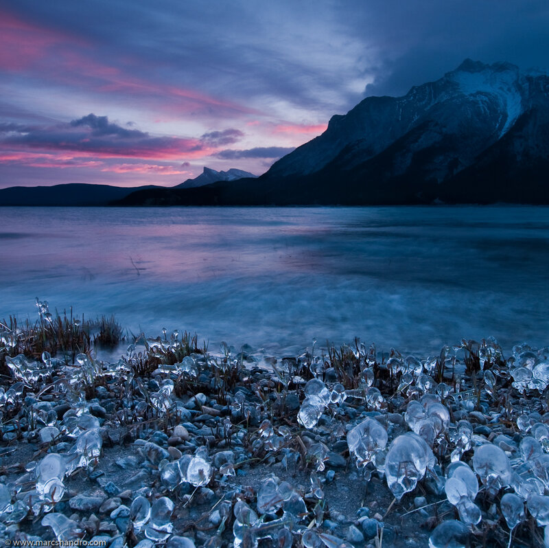 Frozen lake at twilight