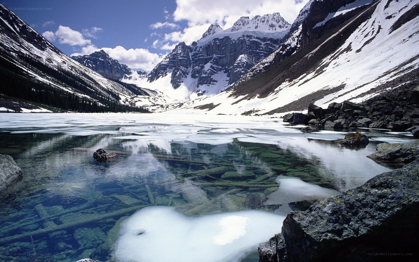 frozen lake in mountain valley
