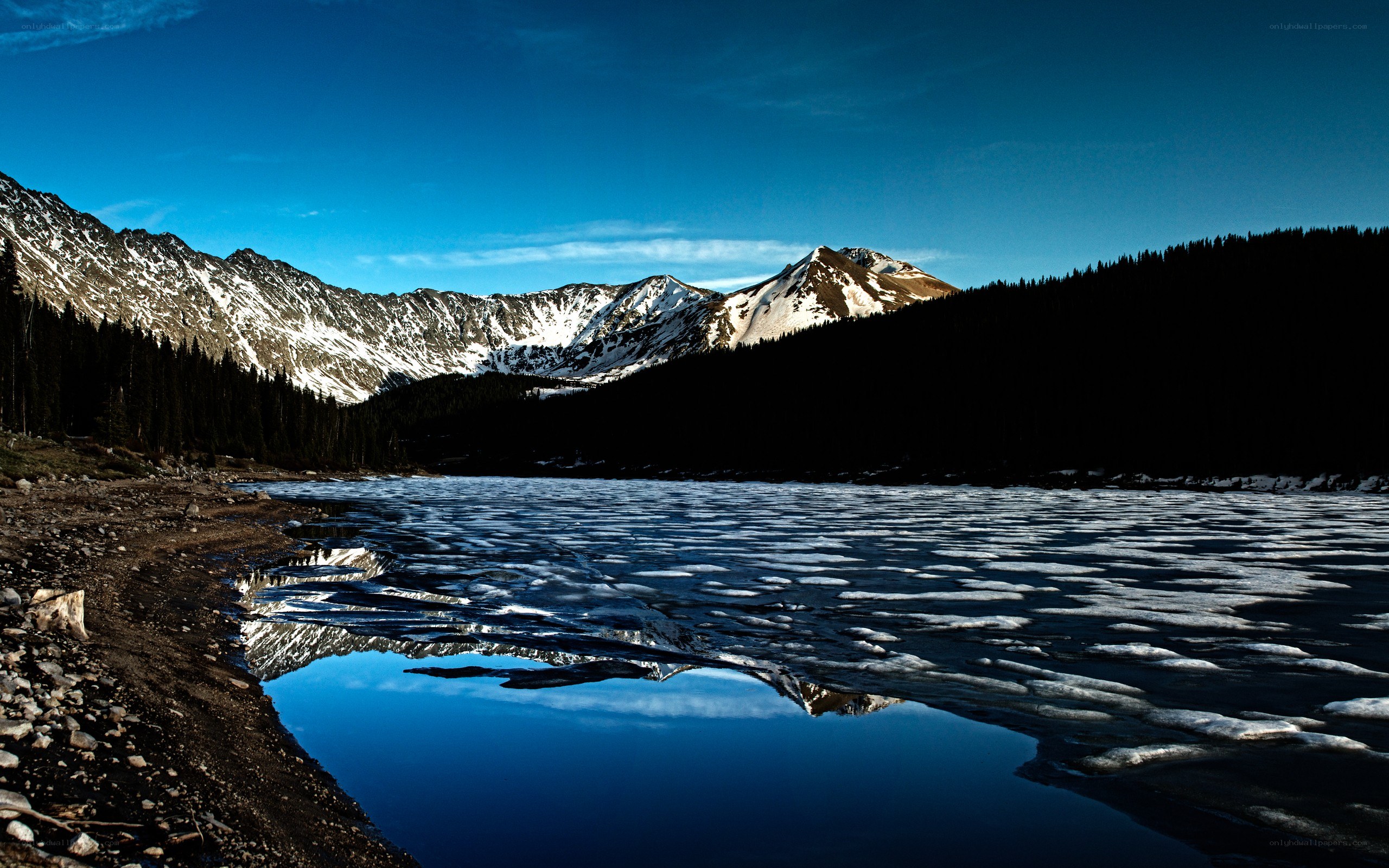 frozen lake in mountain valley