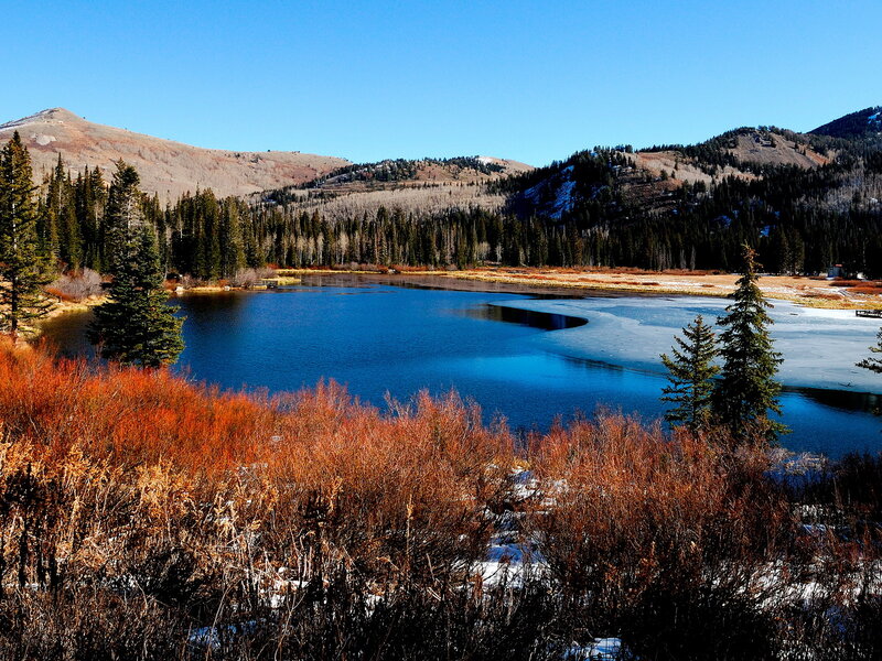 Frozen Lake in Mountains — Blue, Serene, Autumn, Photograph