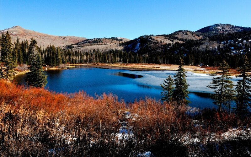 Frozen Lake in Mountains — Blue, Serene, Autumn, Photograph, Trees, Snow