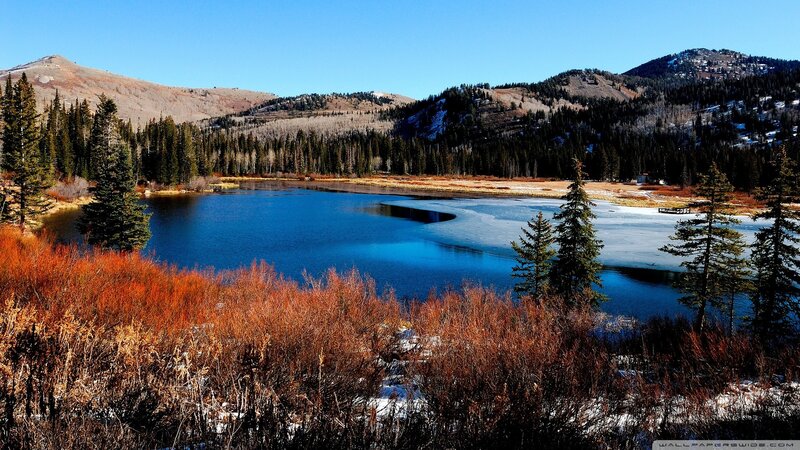 Frozen Lake in Mountains — Blue, Serene, Autumn, Photograph, Trees