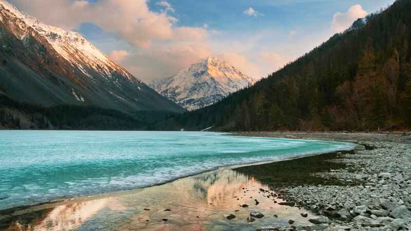 Frozen Lake in Mountains — Blue, Serene, Sunset