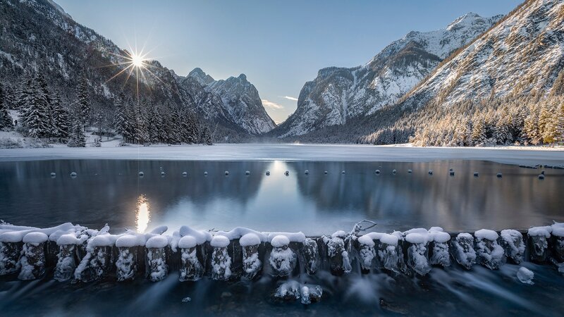 Frozen Lake in Mountains — Blue, Serene, Winter, Photograph, Snow-covered Trees