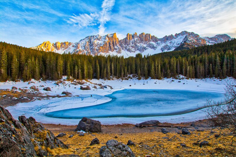 Frozen Lake in Mountains — Blue, Serene, Winter, Photograph, Snow, Forest, Ice