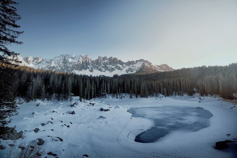 Frozen Lake in Mountains — Blue, Serene, Winter, Photograph, Snow, Forest