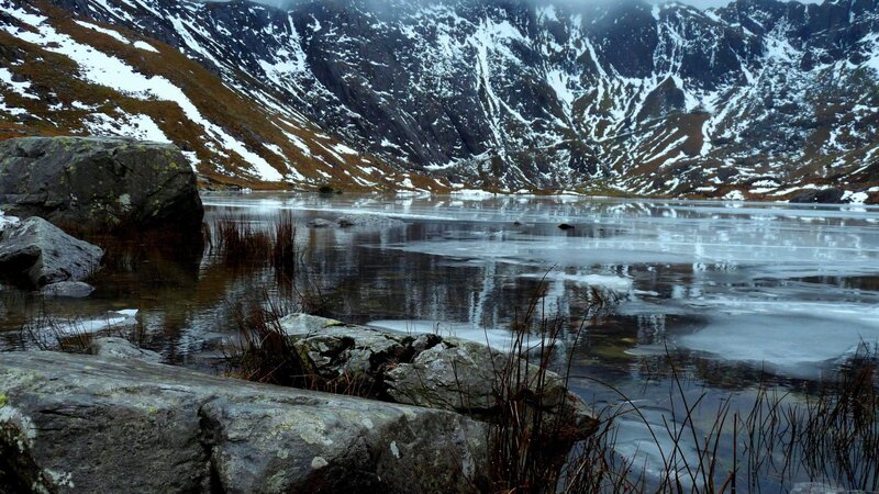 Frozen Lake in Mountains — Gray
