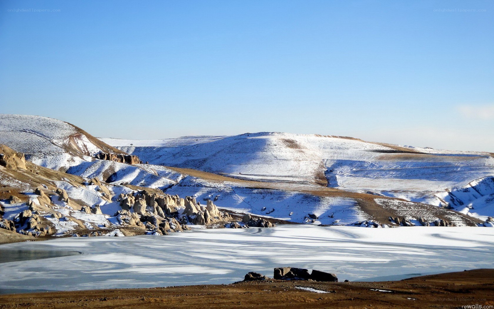 frozen lake in snowy landscape