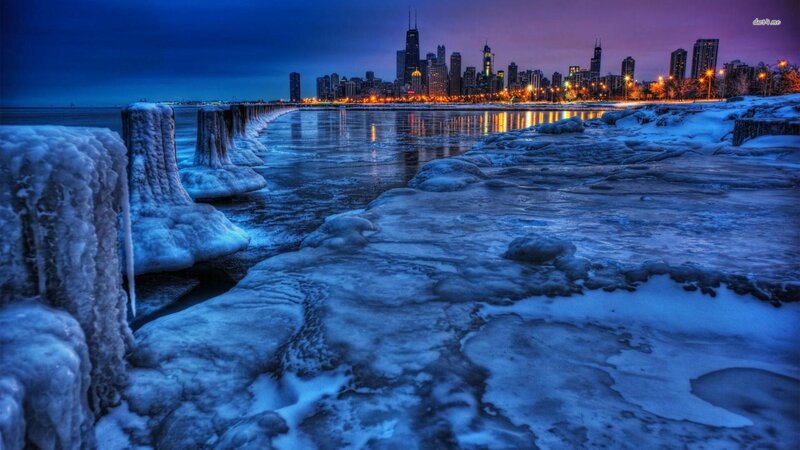 Frozen Lake Shore — Blue, Dramatic