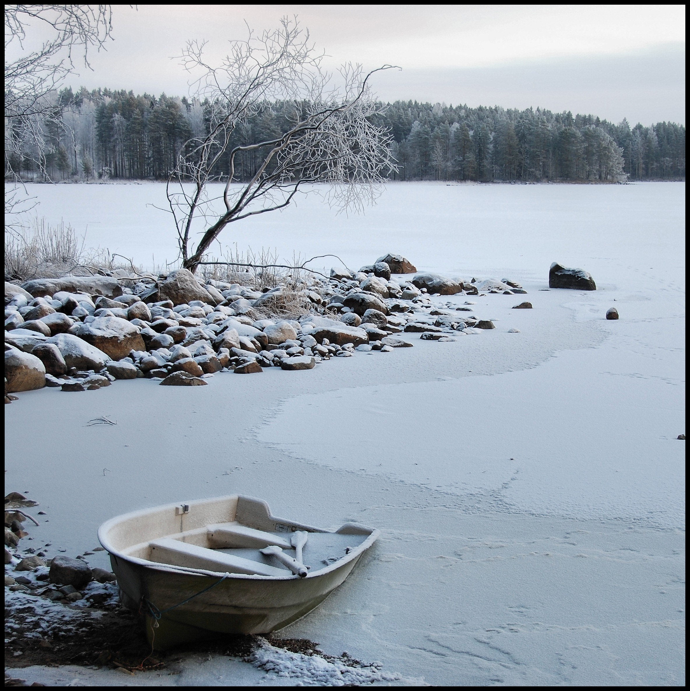 Frozen lake with boat